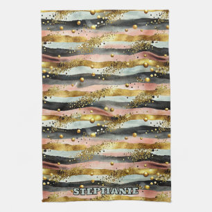 Wavy Pink & Black Stripes with Gold Glitter Kitchen Towel