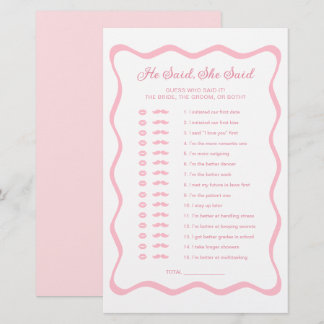 Wavy Pink Bridal Shower He Said She Said Game
