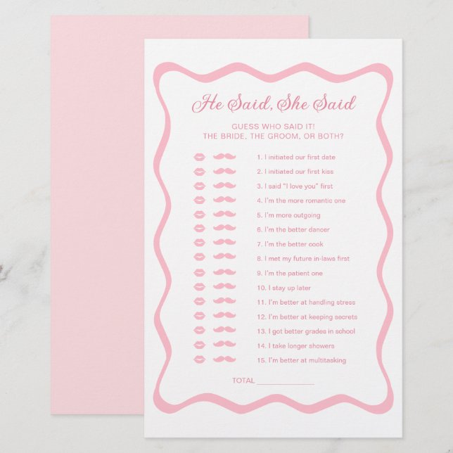 Wavy Pink Bridal Shower He Said She Said Game (Front/Back)