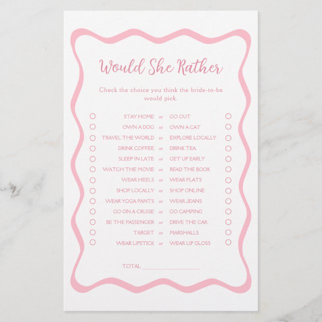 Wavy Pink Bridal Shower Would She Rather Game (Front)
