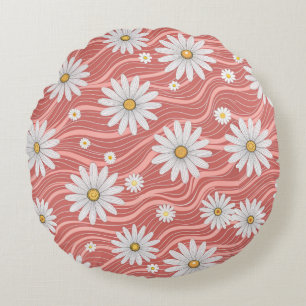 Wavy Pink Daisies  Round Pillow