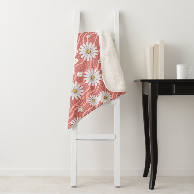 Wavy Pink Daisies Sherpa Blanket (In Situ)