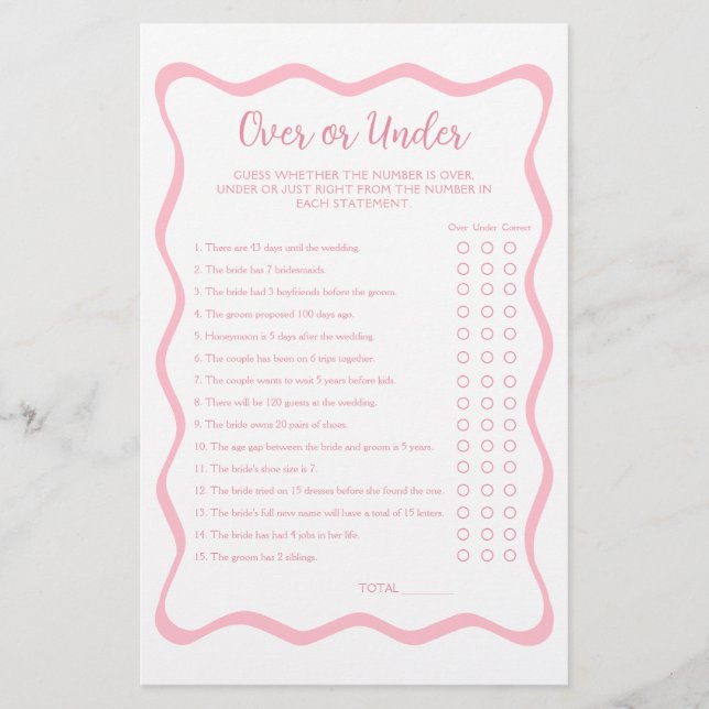Wavy Pink Over Under Bridal Shower Game (Front)
