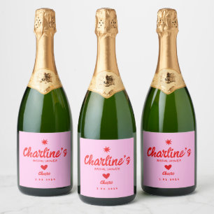 Wavy Pink Red Handwriting Retro Bridal Shower Sparkling Wine Label