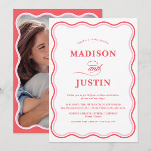 Wavy Pink Red Wedding Photo Invitation