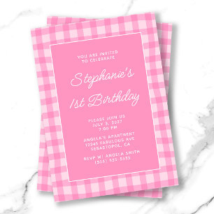 Wavy Pink Summer Gingham Bold 1st Birthday Invitation