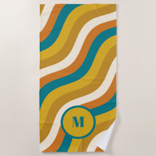 Wavy Pop Stripes Retro Pattern Teal Ochre Initial Beach Towel