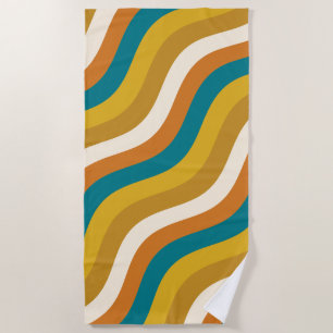 Wavy Pop Stripes Retro Pattern Teal Ochre Mustard Beach Towel