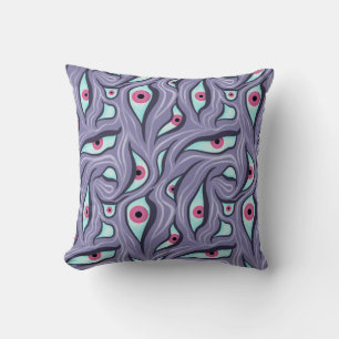 Wavy Psychedelic Horror - Purple Evil Eye Pattern Throw Pillow