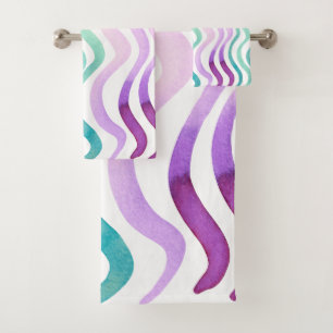Wavy purple and green watercolor lines bath towel set