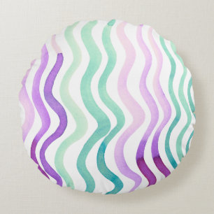 Wavy purple and green watercolor lines round pillow