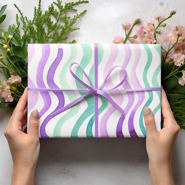 Wavy purple and green watercolor lines wrapping paper sheet (Creator Uploaded)