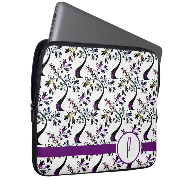 Wavy Rainbow Floral Tree Pattern Initial Monogram Laptop Sleeve (Front Right)