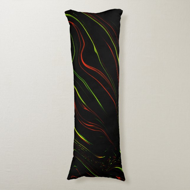 Wavy red and green long strokes, black background body pillow (Front Vertical)
