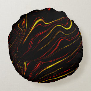 Wavy red gold long strokes on dark background round pillow