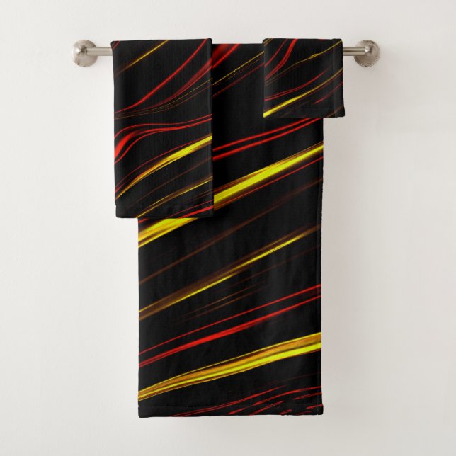 Wavy red gold long traces on black background bath towel set (Insitu)