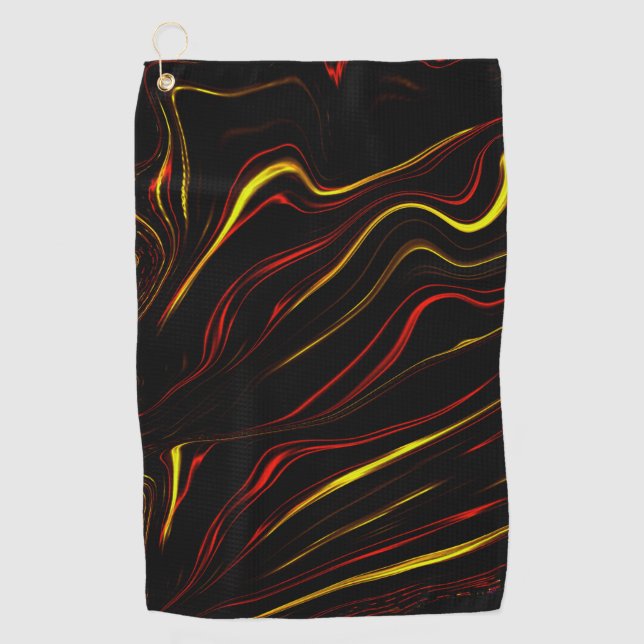 Wavy red gold long traces on black background golf towel (Front)