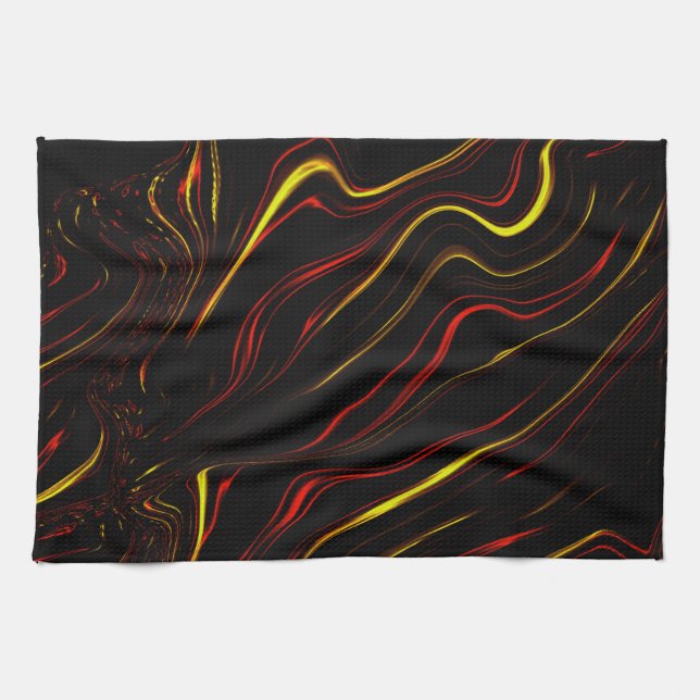 Wavy red gold long traces on black background kitchen towel (Horizontal)