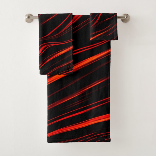 Wavy red long traces in black fund bath towel set (Insitu)