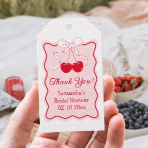Wavy Red Pink Cherry Bow Bridal Shower Favour Gift Tags