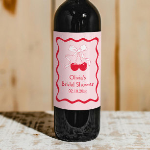 Wavy Red Pink Cherry On Top Bow Bridal Shower Wine Label