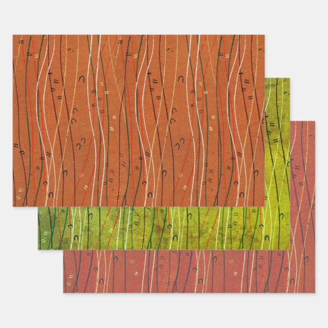 Wavy Red Stripes: Modern Japanese Abstract Art  Wrapping Paper Sheet (Set)