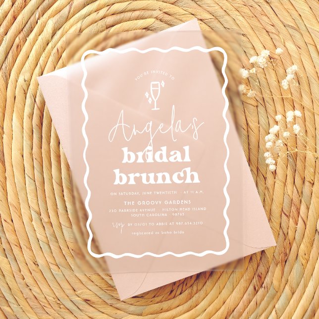 Wavy Retro Groovy Modern Bruch Bridal Shower Acrylic Invitations (Card Mock-up)