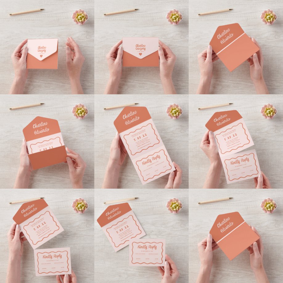 Wavy Retro Pink and Red  Handwriting Wedding All In One Invitation