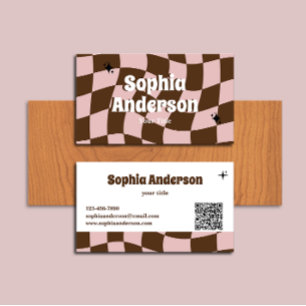 Wavy Retro Pink & Brown Checker with QR Code Business Card