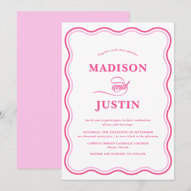 Wavy Retro Pink Wedding Invitation (Front/Back)