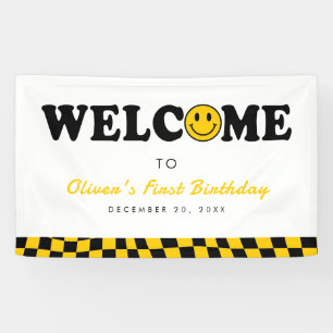 Wavy Retro Preppy Smile Boy 1st Birthday Welcome Banner