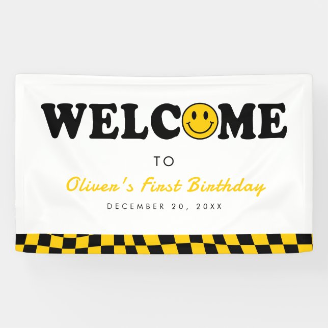 Wavy Retro Preppy Smile Boy 1st Birthday Welcome Banner (Horizontal)