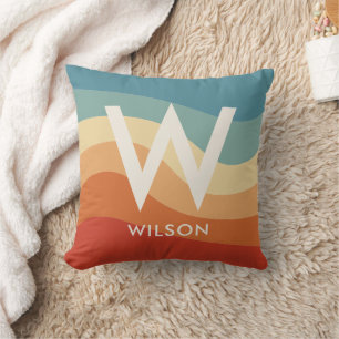 Wavy Retro Stripe Monogram Throw Pillow