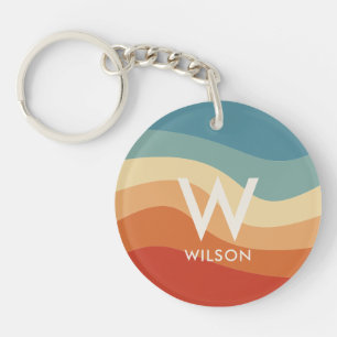 Wavy Retro Striped Monogram Personal Keychain
