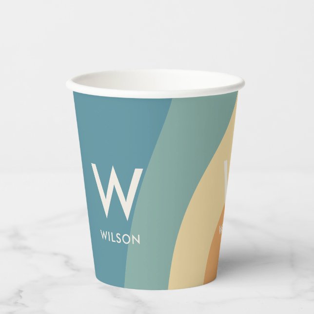 Wavy Retro Striped Monogram Personal Party Paper Cups (Front)