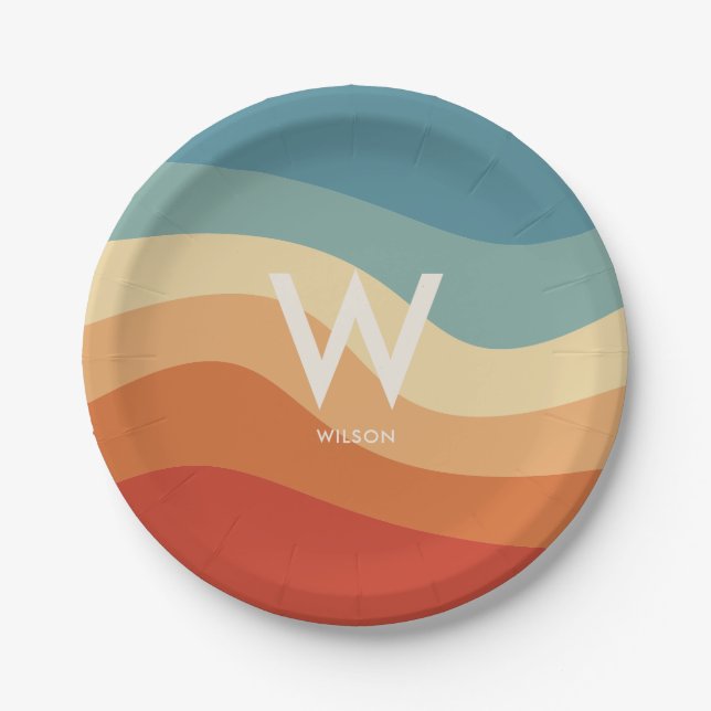 Wavy Retro Striped Monogram Personal Party Paper Plate (Front)