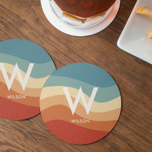 Wavy Retro Striped Monogram Personal Party Round Paper Coaster