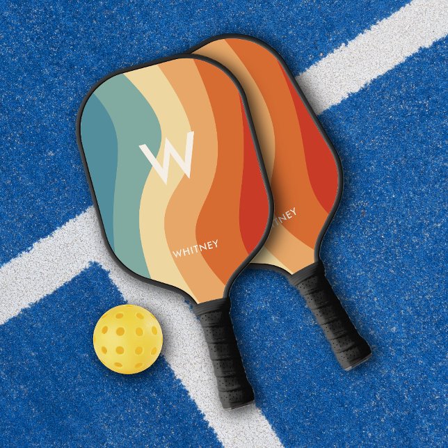 Wavy Retro Striped Monogram Personal Pickleball Paddle (Creator Uploaded)