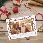 Wavy Ribbon Red and White Christmas Photo Holiday Card<br><div class="desc">Hand drawn ribbon around landscape photo</div>