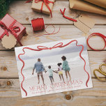 Wavy Ribbon Red and White Christmas Photo Holiday Card<br><div class="desc">Hand drawn ribbon around landscape photo; full bleed option</div>