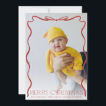 Wavy Ribbon Red and White Christmas Vertical Photo Holiday Card<br><div class="desc">Hand drawn ribbon around portrait photo; full bleed option</div>