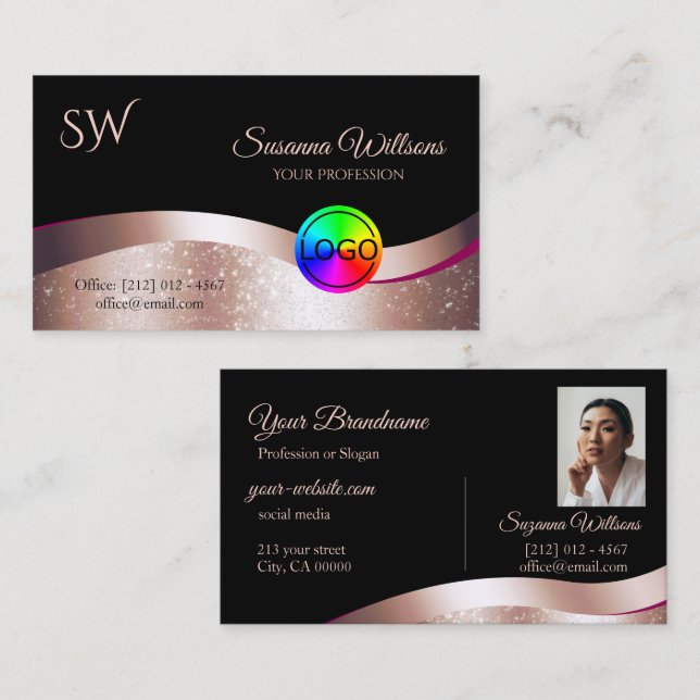 Wavy Rose Gold Decor Black Logo Monogram and Photo Business Card (Front/Back)