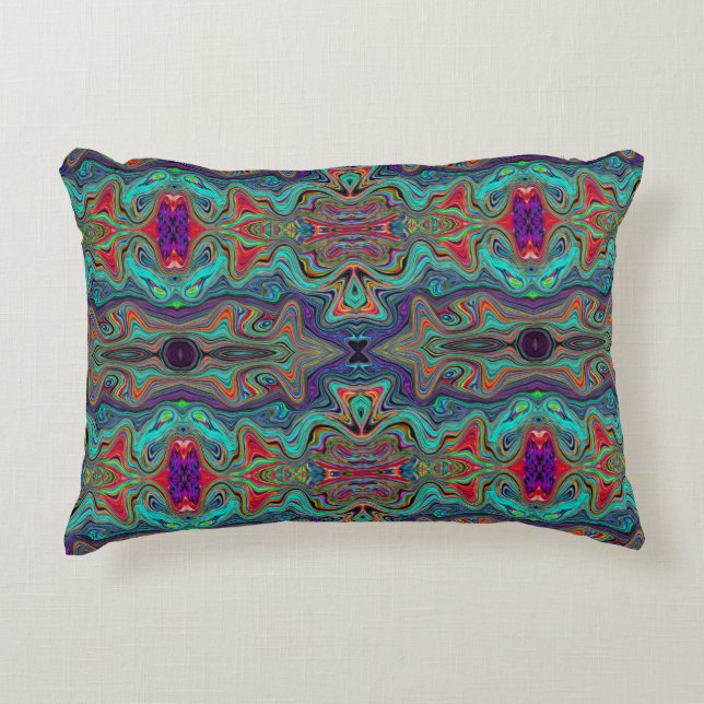 Wavy Sea Foam Green and Red Trippy Pattern Accent Pillow (Front)