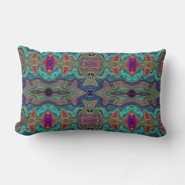 Wavy Sea Foam Green and Red Trippy Pattern Lumbar Pillow (Front)