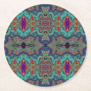 Wavy Sea Foam Green and Red Trippy Pattern Round Paper Coaster