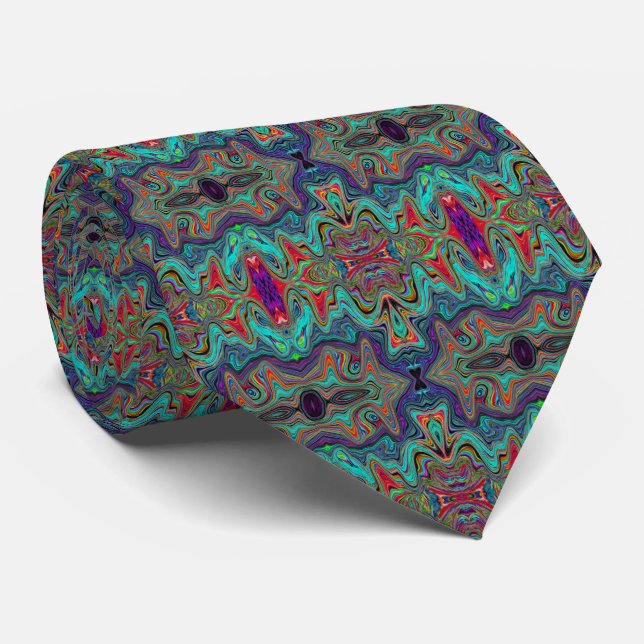 Wavy Sea Foam Green and Red Trippy Pattern Tie (Rolled)