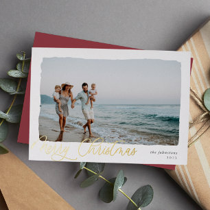 Wavy   Simple Horizontal Merry Christmas Photo Foil Holiday Card