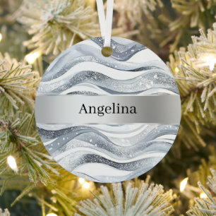Wavy Streaks Silver Ribbon Christmas Metal Ornament
