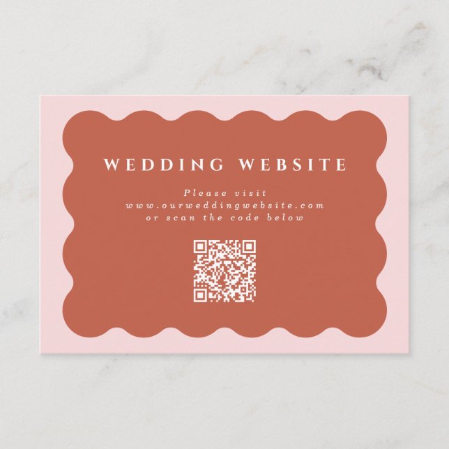 Wavy Terracotta & Blush Wedding Website QR Code Enclosure Card (Front)