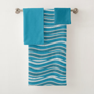 Wavy Turquoise and White Stripes Bath Towel Set